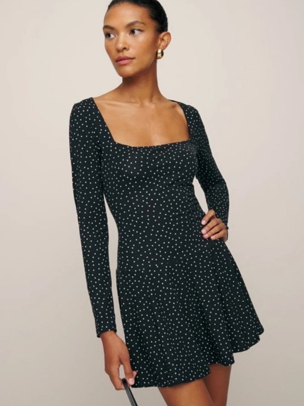 Reformation Black Polka Dot Square-Neck Mini Dress